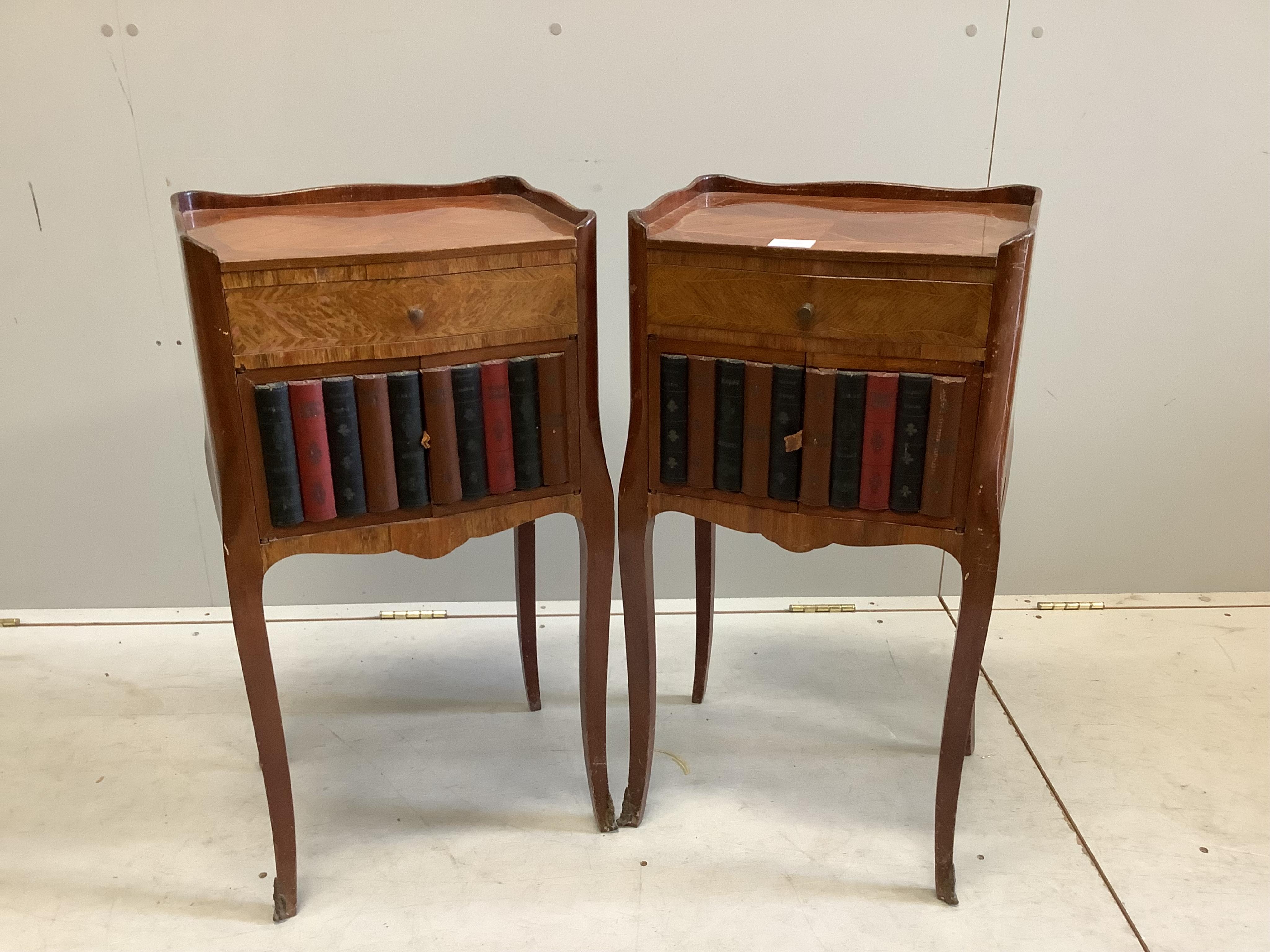 A pair of Louis XV style banded kingwood bedside cabinets, with faux book front doors beneath drawers, width 39cm, depth 30cm, height 73cm. Condition - poor to fair